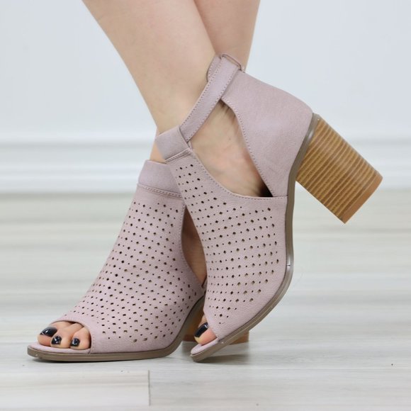 Peep Toe Mauve Faux Leather Heeled Ankle Booties - Picture 7 of 11